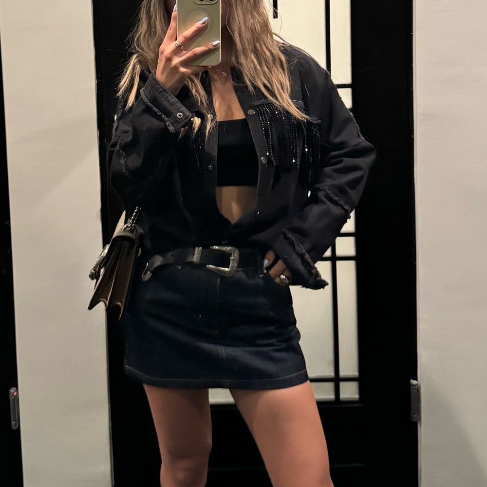 Zara Black Denim Jacket with Fringe Bead Trim